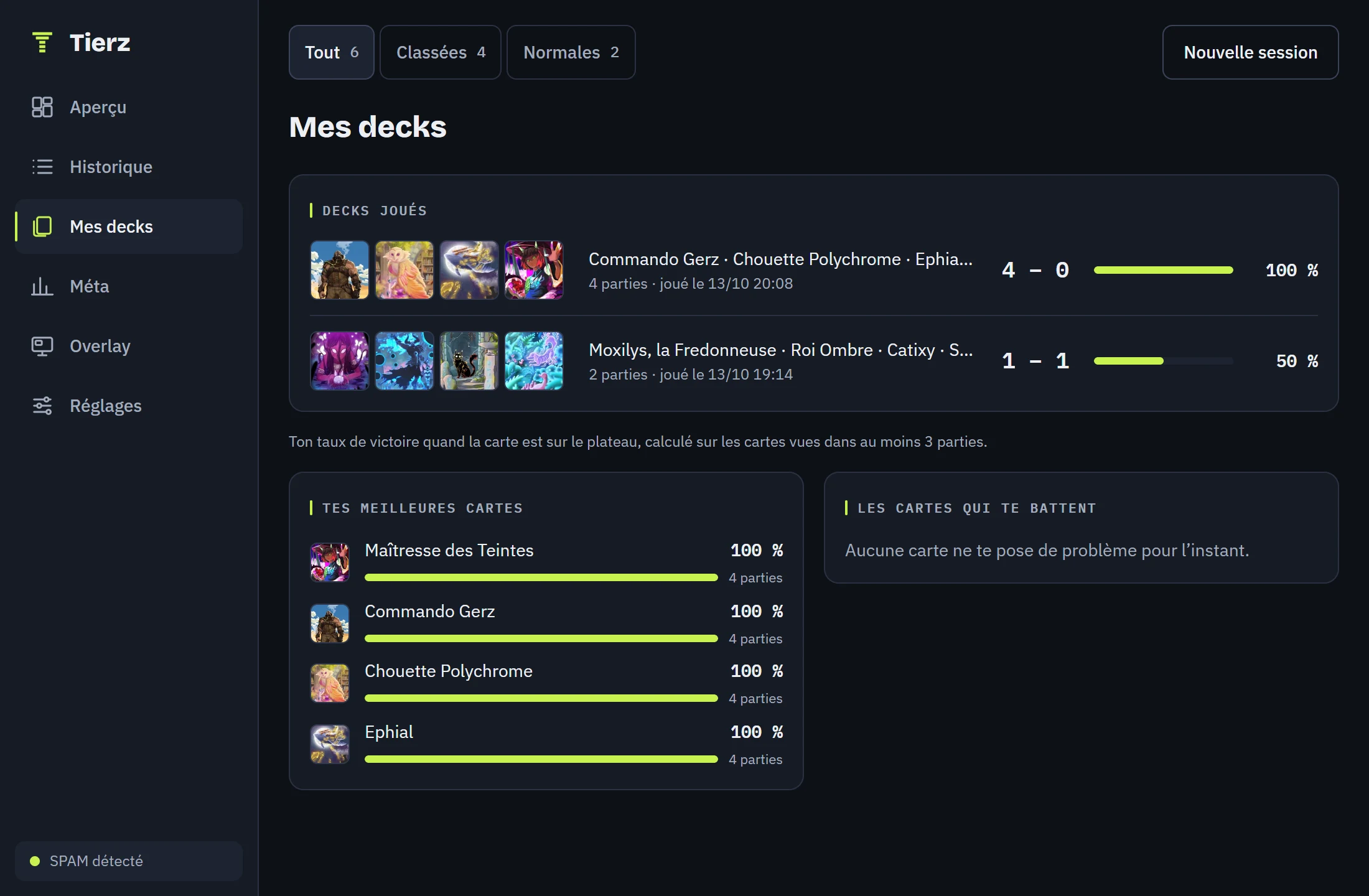 A tela “Meus decks” do tracker: dois decks com retrospecto e taxa de vitória, e depois as melhores cartas do jogador.