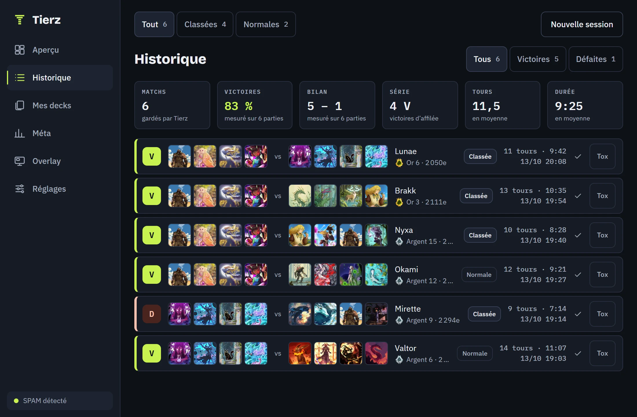 O histórico do tracker: seis partidas, cada uma com o resultado, os dois decks, o adversário, o número de turnos, a duração e a data.