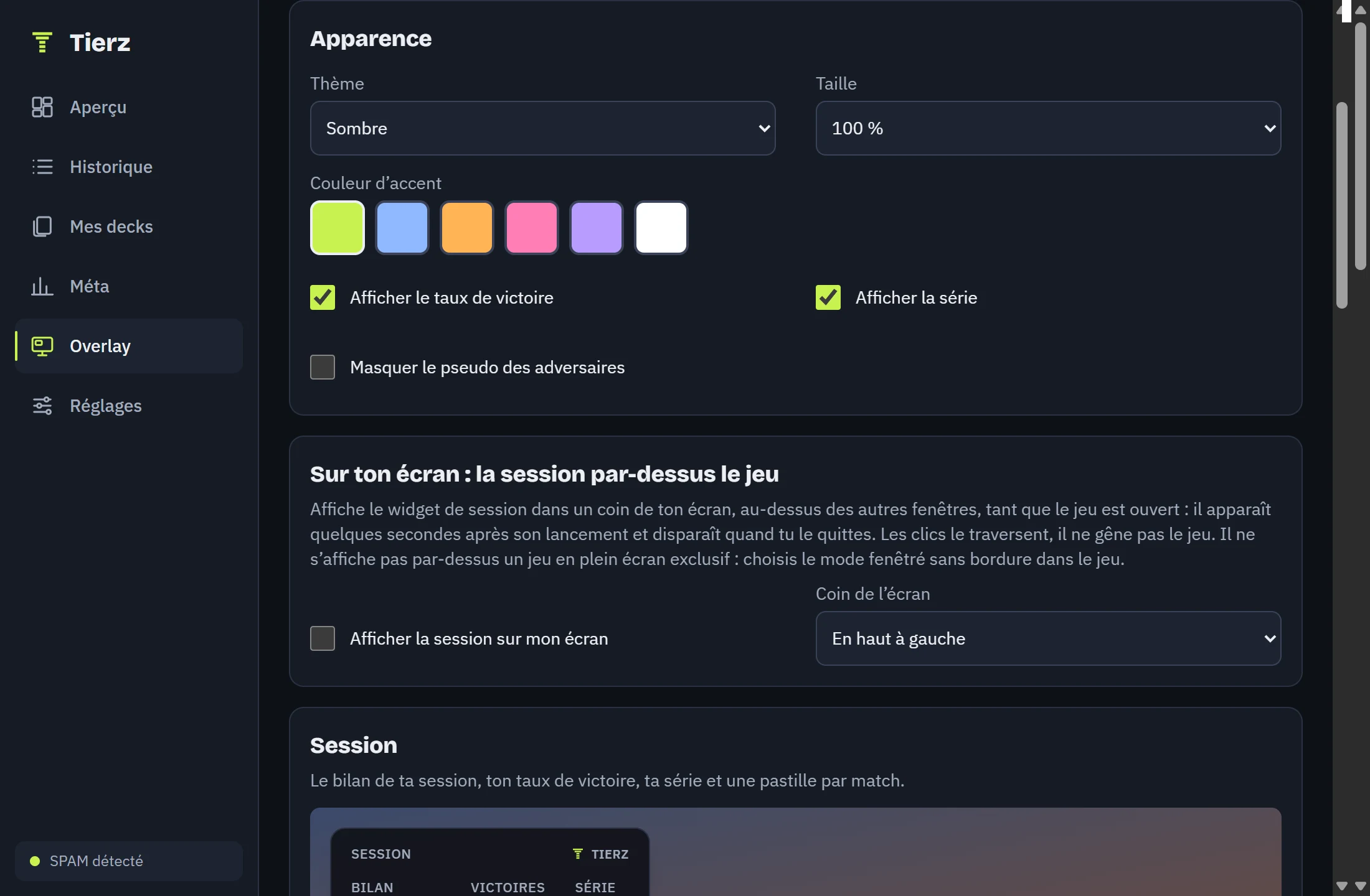 As configurações dos widgets no tracker: tema, tamanho, cor de destaque e a sessão exibida por cima do jogo.