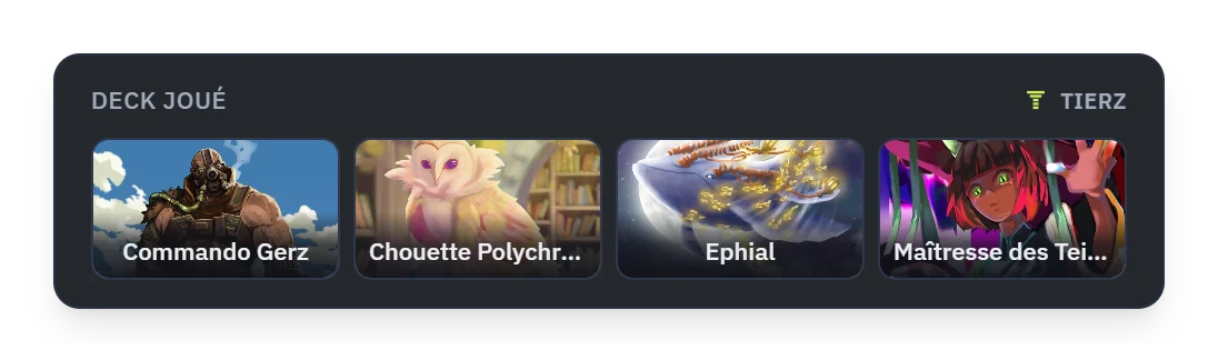 O widget do deck jogado: quatro cartas ilustradas com o nome de cada uma.
